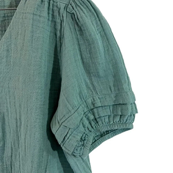 Sonoma Sage Green Button Up Blouse XL V Neck Pleated Shoulder Balloon Sleeve Top - Picture 4 of 5